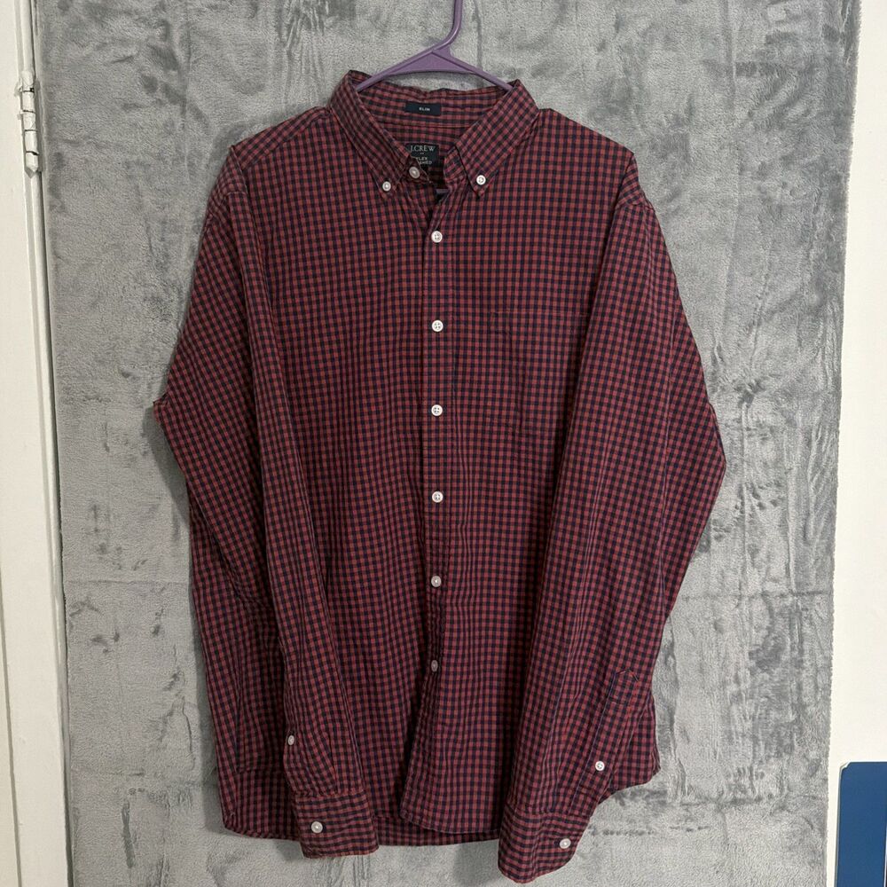 J.Crew Slim Flex Washed Button Down Shirt Men's Large Red Navy Gingham Check